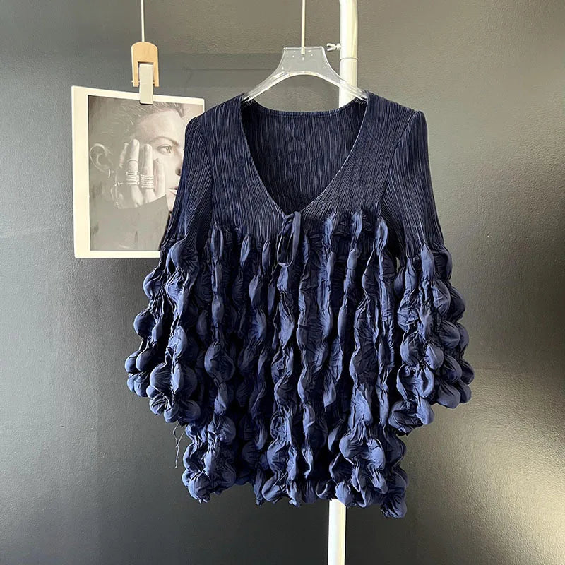 🍒Bubble sleeve pleated top with wrinkle tie strings top v neck design solid colour loose t-shirt smart casual clothes Bump Up Your Fashion