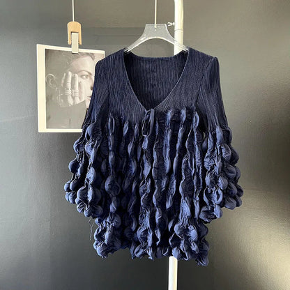 🍒Bubble sleeve pleated top with wrinkle tie strings top v neck design solid colour loose t-shirt smart casual clothes Bump Up Your Fashion