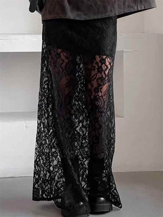 🍒Lace long skirt black elegant low waist solid colour see-through  fashion maxi smart casual clothing                        Transfomation Transparents