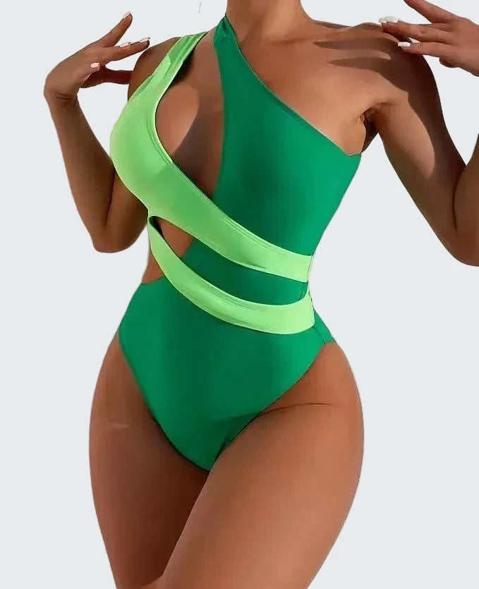 🍒One-piece swimsuit colour block collision single shoulder bathing suit strap design high eastic backless swimwear type european style swimming costume with tie straps  SHOREly CHIC