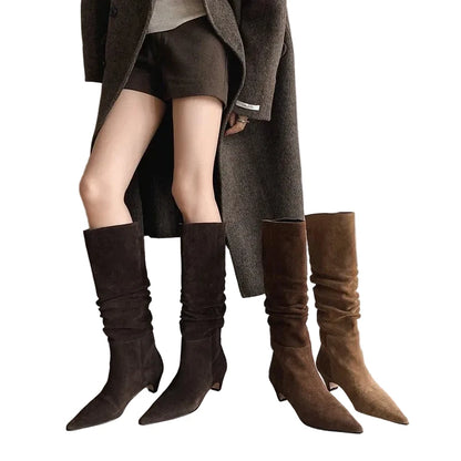🍒Autumn winter womens footwear cow suede leather heeled boots pointed toe high heel slip-on knee high western footwear No Per-SUEDEing Neccessary