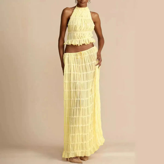 🍒Casual outfit long skirt maxi and sleeveless backless tops for women high waisted long straight skirt beach chic suit  Lovely Ruchie Rufflie