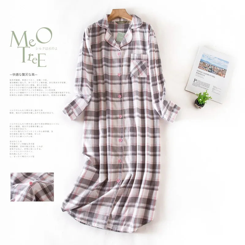 🍒pyjama nightie autumn and winter nightwear for women cotton flannel sleep shirt long sleeve nightshirt button down sleepdress No Flannel Flannel