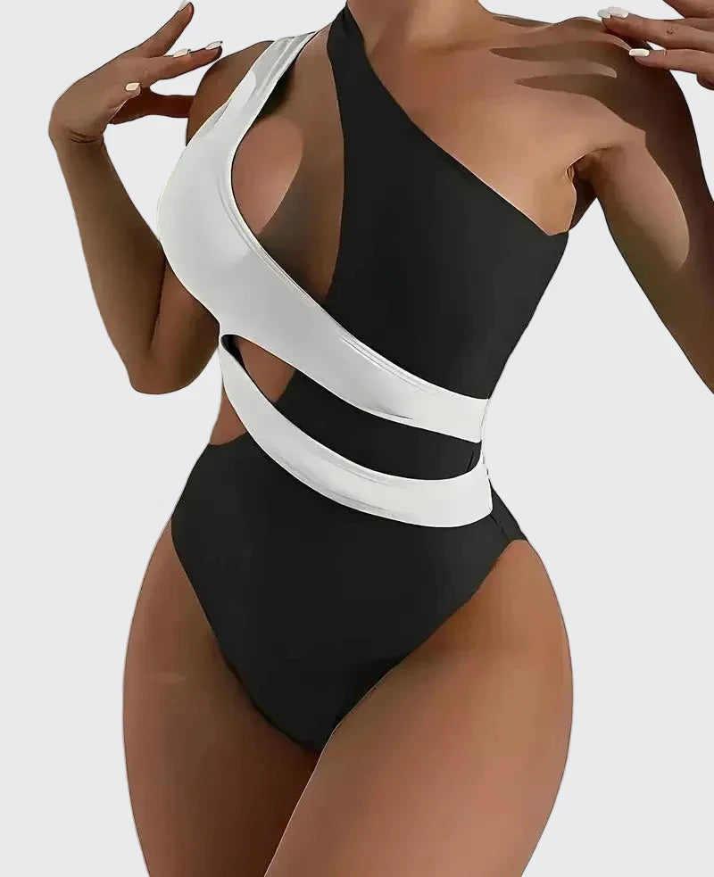 🍒One-piece swimsuit colour block collision single shoulder bathing suit strap design high eastic backless swimwear type european style swimming costume with tie straps  SHOREly CHIC