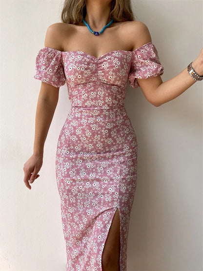 🍒Floral print party dress elegant women off shoulderless backless outfit summer slit boho midi smart casual ladies clothing Figure Out Your Floral Fashion
