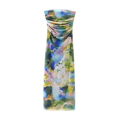 🍒Shoulderless corset dress long printed outfit for women ruched midi summer dress mesh bodycon fill Up On Full flower Fashion