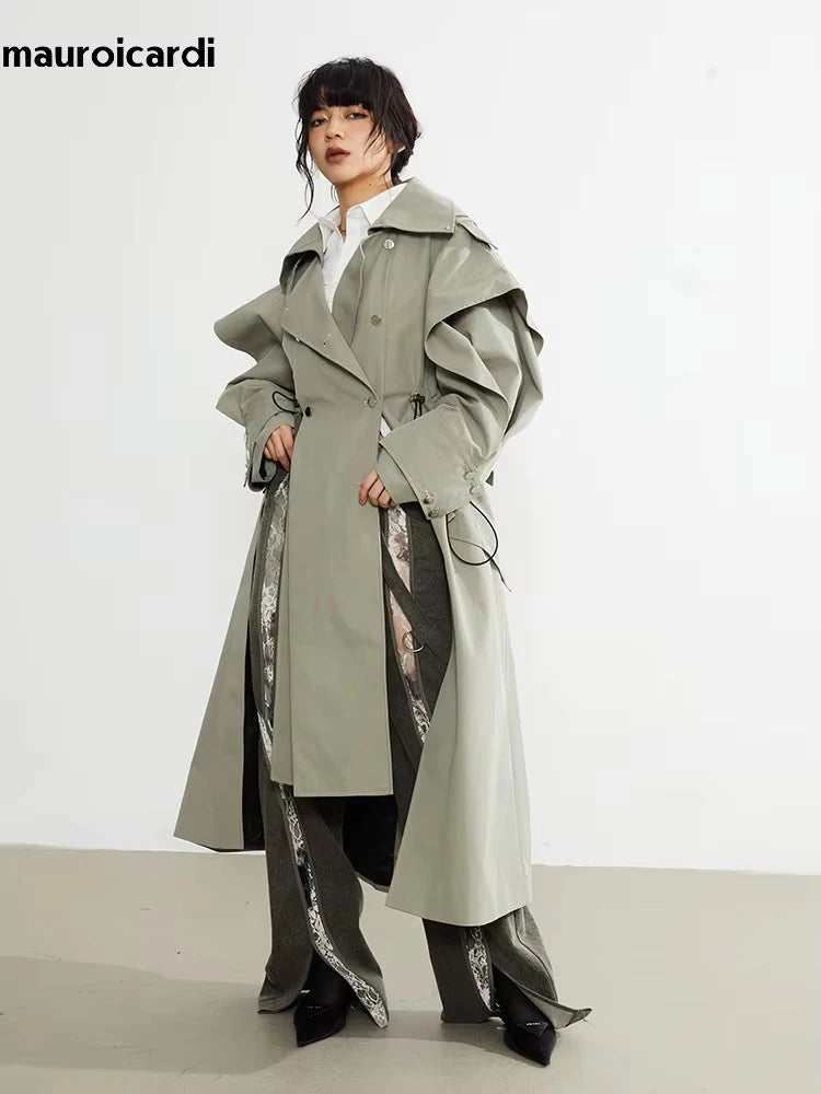 🍒Long oversized trench coat elegant ruffled outerwear for women double breasted luxury designer overcoat runway fashion  Trendy Travel Trench Classic Comfort