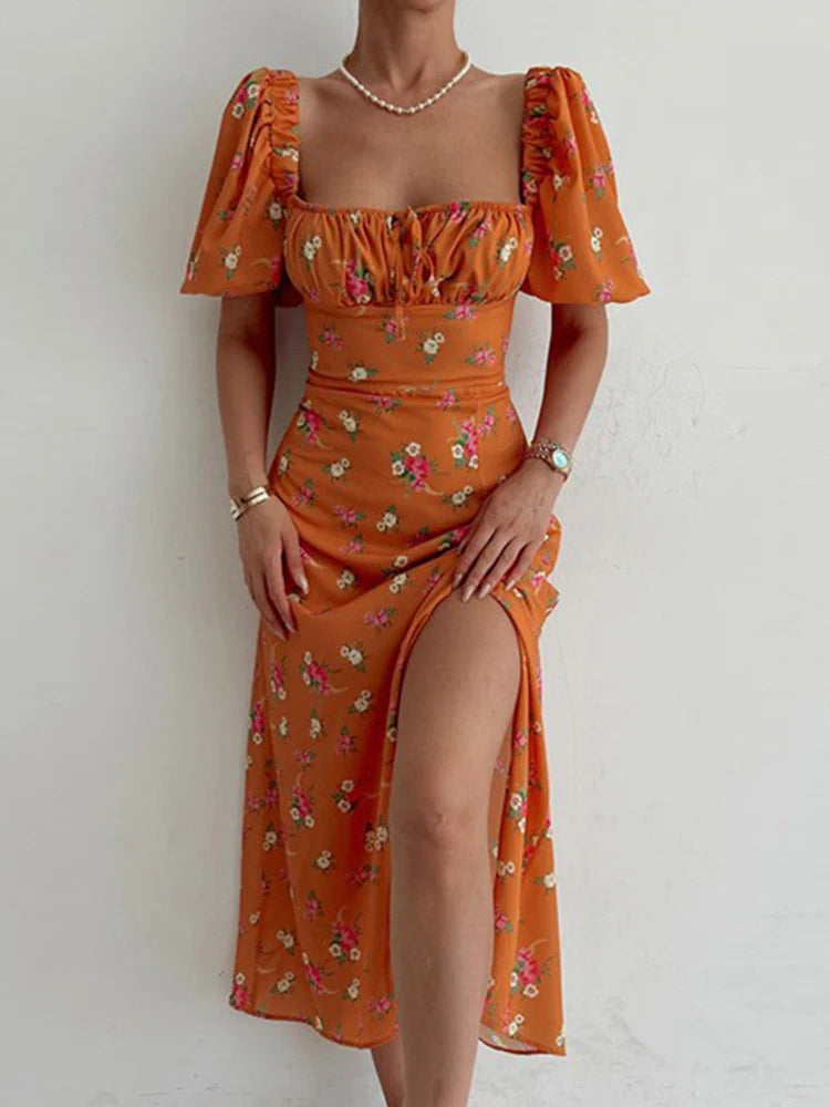 🍒Floral print party dress elegant women off shoulderless backless outfit summer slit boho midi smart casual ladies clothing Figure Out Your Floral Fashion