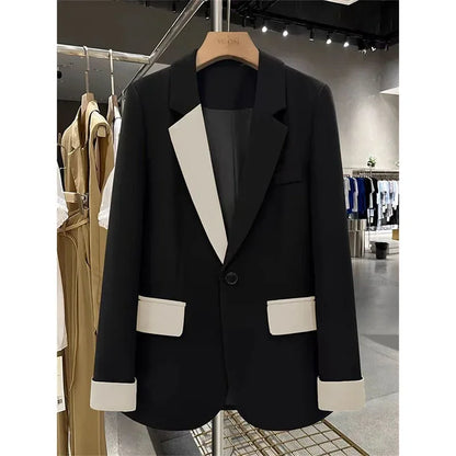 🍒Fashion blazer jacket spring autumn long sleeves black jacket contrast patchwork office cothes for women outerwear smart casual suit coat female chic fashion   Turn Up In Your Contrast
