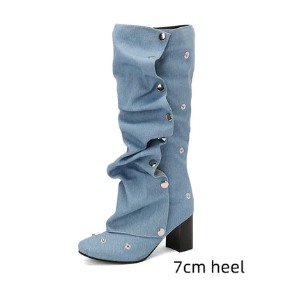 🍒Denim boots for Women blue multi snap-fastener pleated shoes with zip wide calf length boots winter footwear Cute Cowboy