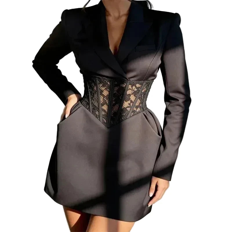 🍒Lace mixed media dress blazer v-neck dresses with sleeves short long sleeve mini evening party chic gown Spring feminine dress occasion wear womens    don’t WAIST time NET this SHORTly