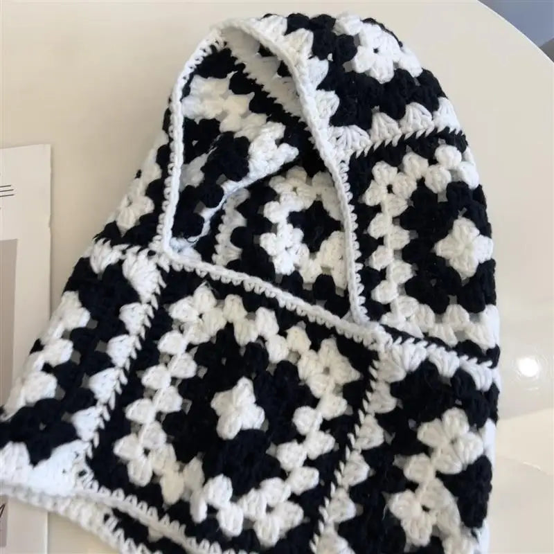 🍒Stylish balaclava hat for adults autumn winter knitted Hats for women handmade unique neck gaiter neck warmer retro knitwear fashion warm ear protection black and white grid hood KNIT this PEARL Into Your Hat Wardrobe