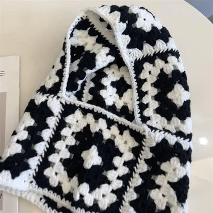 🍒Stylish balaclava hat for adults autumn winter knitted Hats for women handmade unique neck gaiter neck warmer retro knitwear fashion warm ear protection black and white grid hood KNIT this PEARL Into Your Hat Wardrobe