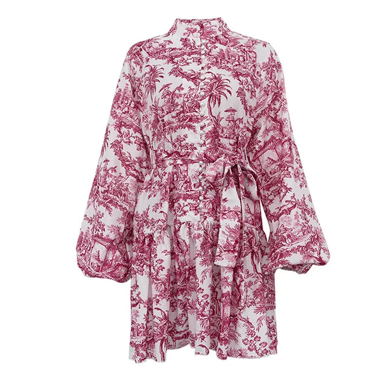 🍒Printed mini dress long sleeve clothes for hot weather o-neck outfit a line flare short china print smart casual female clothes fashion beach party wear holiday wear  Drink Cocktails In Your China