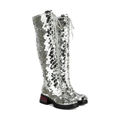 🍒Womens chumky boots over the knee zipped thick bottom sequined boots silver 5CM block heel club party long metalic footwear round toe plus size Road Block Blocks