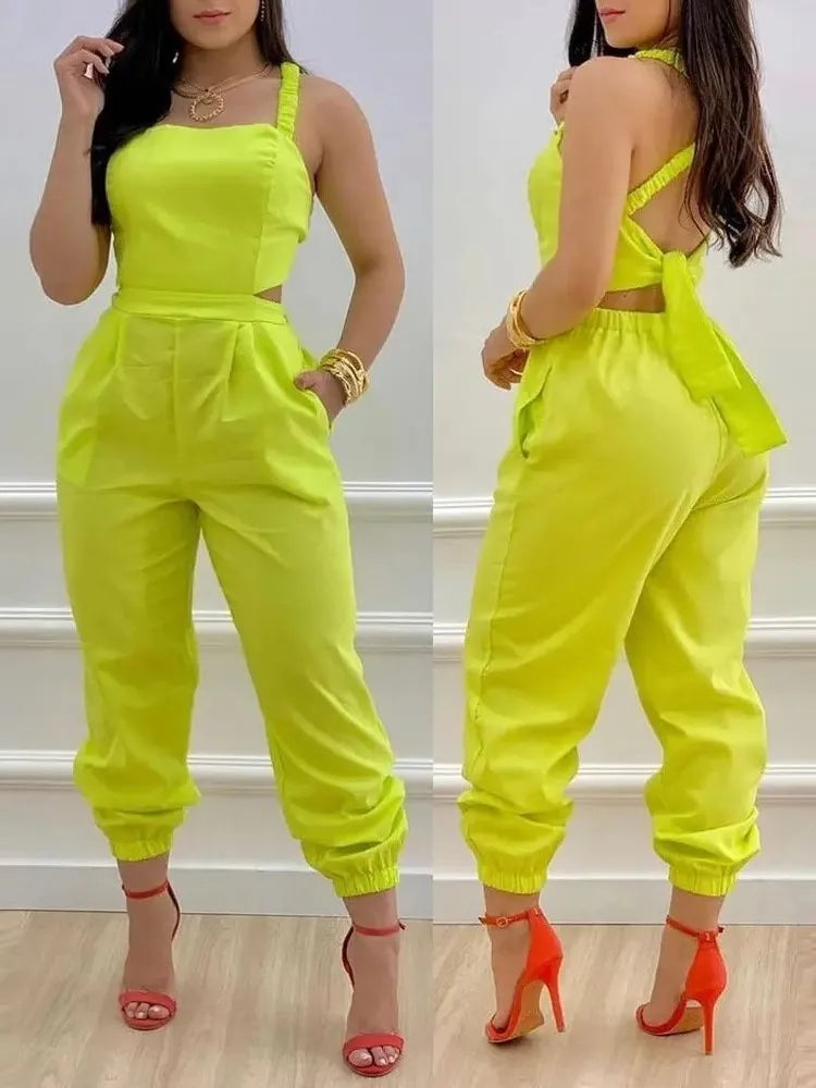 🍒Summer printed jumpsuit backless with straps fashion sleeveless one piece casual wear womens romper outfit with bows pocket trousers Overall Colourful Cool