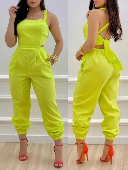 🍒Summer printed jumpsuit backless with straps fashion sleeveless one piece casual wear womens romper outfit with bows pocket trousers Overall Colourful Cool