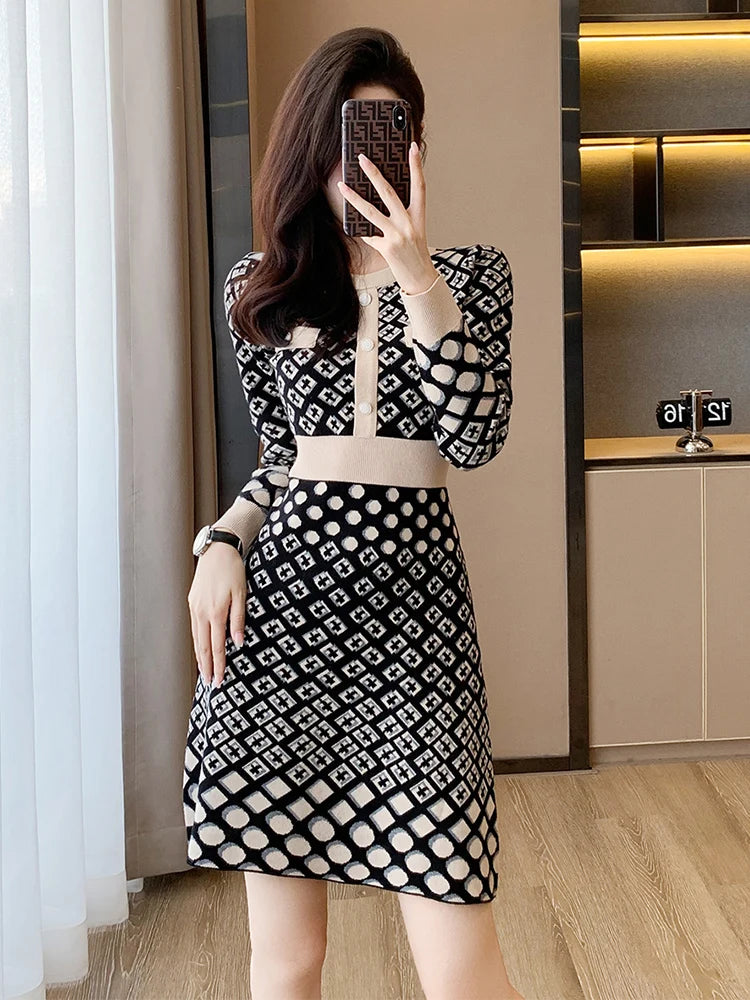 🍒Vintage knitted dress long sleeve mini o-neck autumn/winter Jacquard a-line outfits slim fit smart casual womens clothing breathable viscose Value Vintage