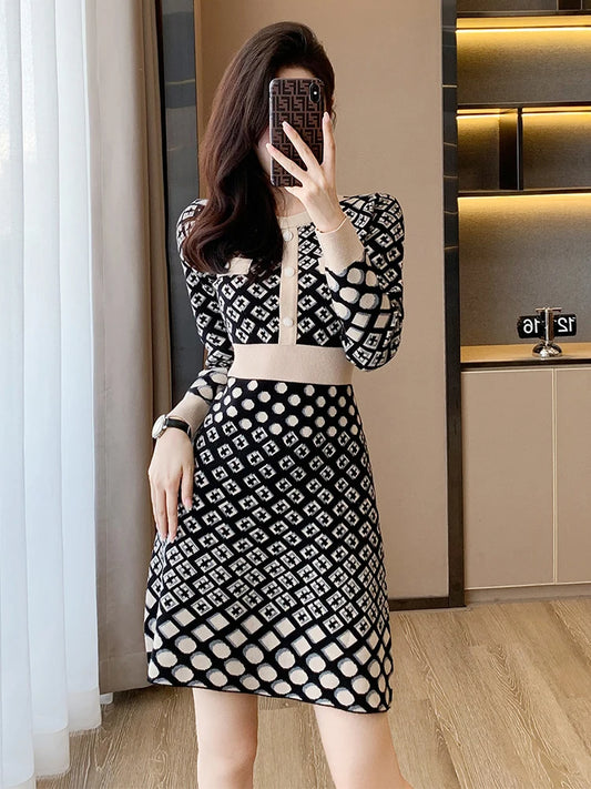 🍒Vintage knitted dress long sleeve mini o-neck autumn/winter Jacquard a-line outfits slim fit smart casual womens clothing breathable viscose Value Vintage