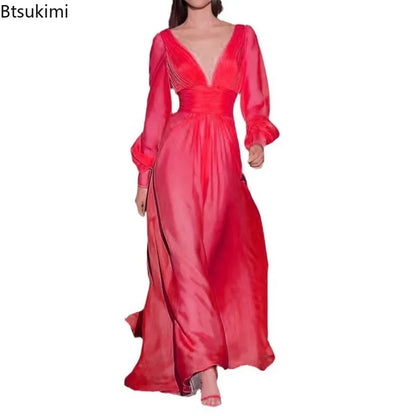 🍒Women's party dress elegant engagement evening party dresses v-neck long sleeve floor length outfit with long sleeves and ruched pleats chiffon occasion fashion wear This Strawberry And Lemon Will Grow To Be Your Favourites