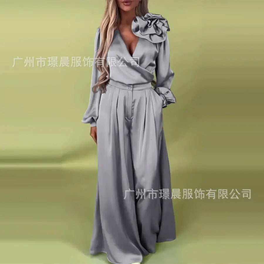 🍒Wide leg pants set elegant 3d flower satin suit for women v neck blouse plus wide leg casual loose  trousers party wear occasion wear two piece                           Suit Yourself With Satin