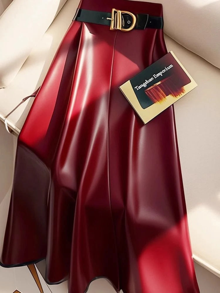 🍒Red pu skirt high end goddess fashion a-line leather midi mid length umbrella skirt occasion party wear Get A Little Bottle with A Burgundy