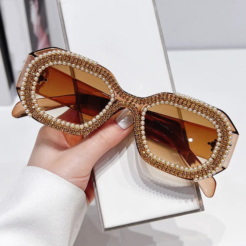 🍒Diamond square sunglasses with pearls women fashion luxury rhinestone trendy shades for women female sun shades polygon eyewear for women uv 400 protection Have Your Say In A Pearly Cool Way