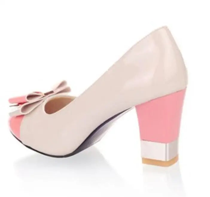 🍒Colour block heels women's thick high shoes with bow on them pastel footwear for occasion party pumps pink and others Size 34-43 Treat Your Self To These Sweets