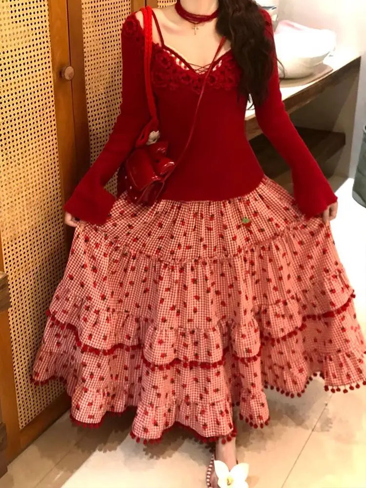 🍒Layered maxi skirt for women strawberry ball stretch high waisted fashion vintage clothing elegant loose long skirt female summer casual wear Get This Skirt And Put The Cream On Your Strawberry