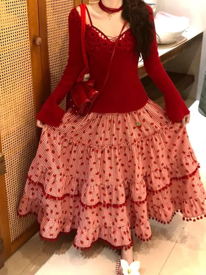🍒Layered maxi skirt for women strawberry ball stretch high waisted fashion vintage clothing elegant loose long skirt female summer casual wear Get This Skirt And Put The Cream On Your Strawberry