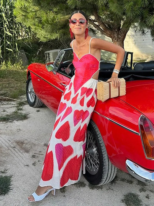 🍒Beach party maxi dress summer  fun fashion love print dress for women camisole dress backless sleeveless holiday dress smart casual wear women Sugar Up Your Fashion With A sweet Heart