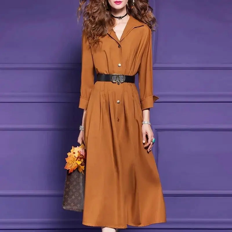 🍒French shirt dress elegant button up outfit women with belt spring autumn solid color fashion single breasted midi Bark Up The Right Tree And Pick An Orange