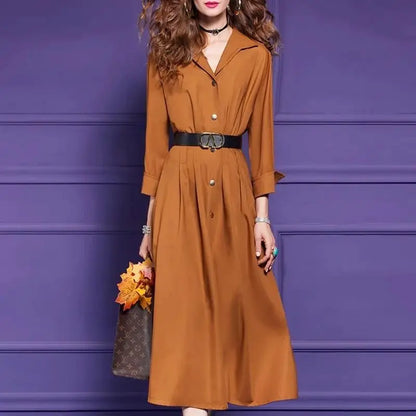 🍒French shirt dress elegant button up outfit women with belt spring autumn solid color fashion single breasted midi Bark Up The Right Tree And Pick An Orange