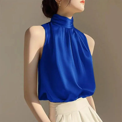 🍒Sleeveless turtle neck top sleeveless blouse womens Summer wear fashion pleated All-match over head camis Blue Blousey Beauty