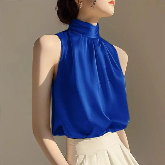 🍒Sleeveless turtle neck top sleeveless blouse womens Summer wear fashion pleated All-match over head camis Blue Blousey Beauty
