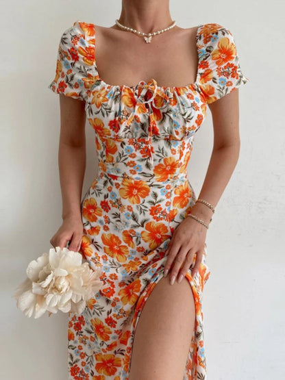 🍒Floral print party dress elegant women off shoulderless backless outfit summer slit boho midi smart casual ladies clothing Figure Out Your Floral Fashion