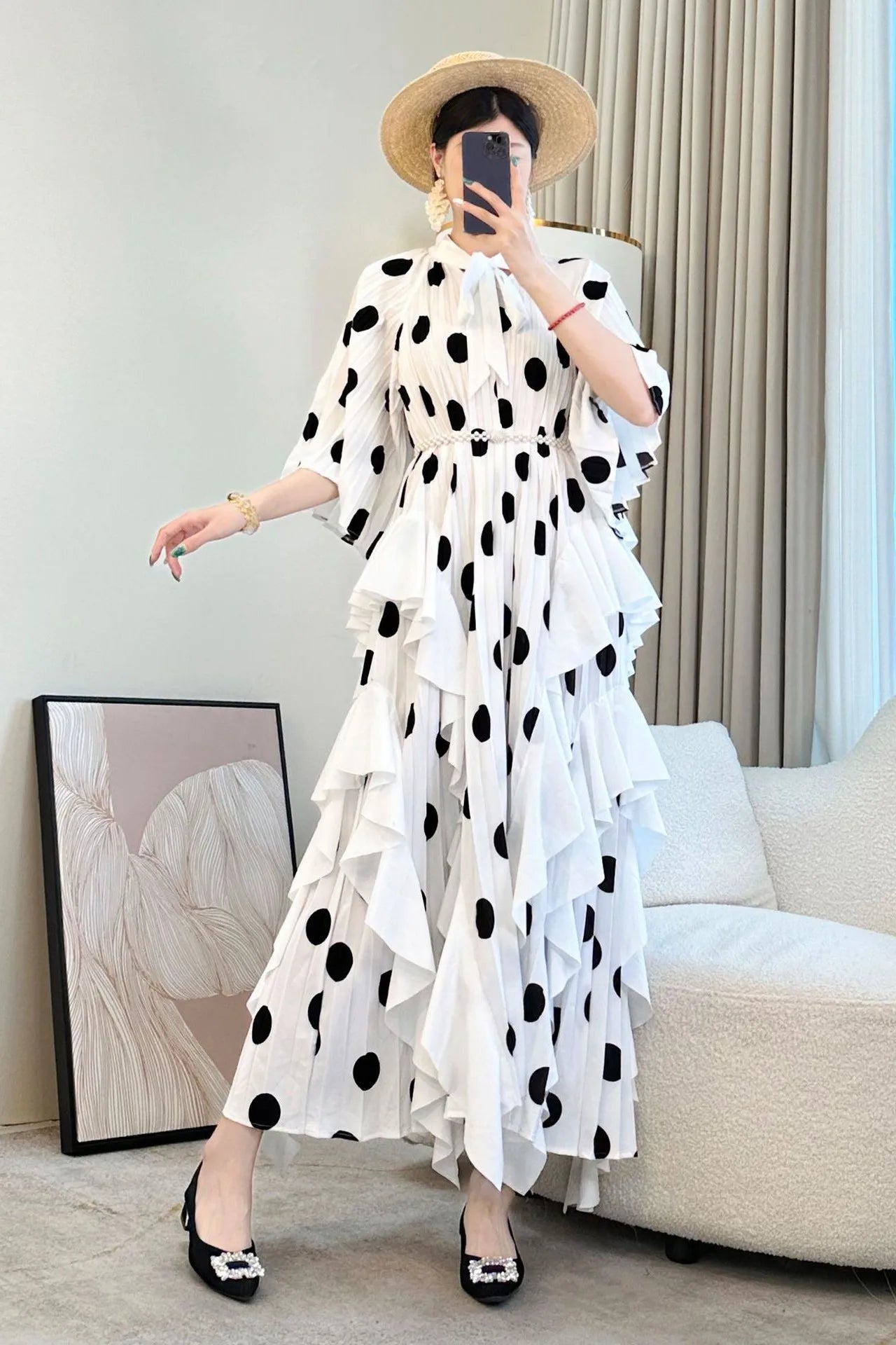 🍒 Dress with polka dots simple pleats and ruffled edges summer outfit looks long loose fit smart primted casual wear loose Fit clothing and Slimming Effect  party occasion clothing Lucky You Spotted this Spot
