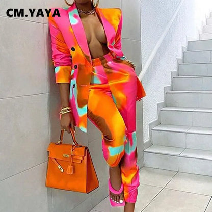 🍒Womens tie dye suit multicolour printed long sleeve jacket and tapered trouser set lapel blazer two piece office wear smart casual clothing