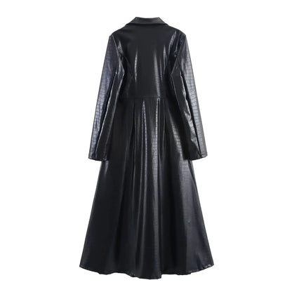 🍒Extra long faux leather trench coat vintage maxi luxury pu double breasted black designer outerwear clothing smart casual Crocodile Style