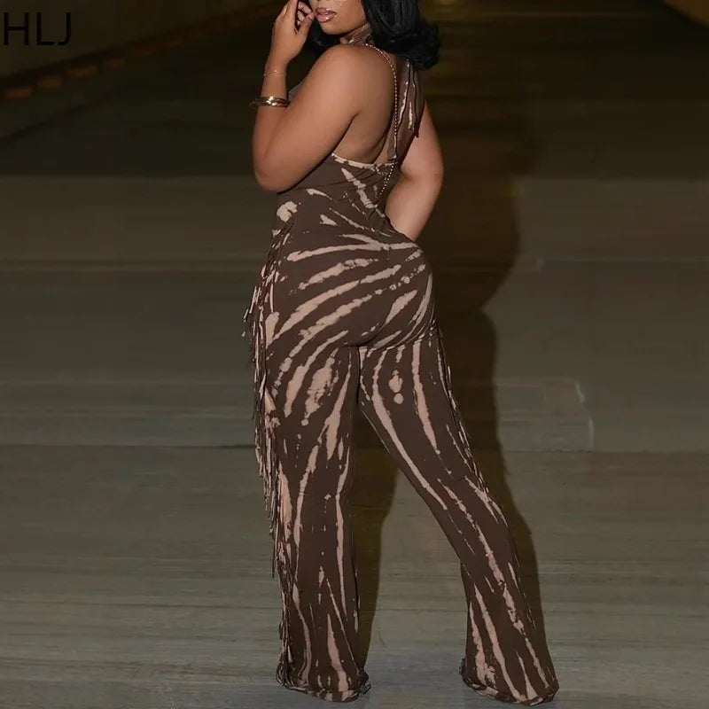 🍒 Bodycon Jumpsuit with tassels womens halter outfit backless skinny long rompers for women Female clubwear party wear fashion Treat Yourself To A Chocolate Swirl