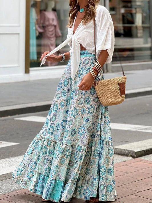 🍒Flowy maxi skirt floral print long  vintage high waist maxi fashion elastic a -line skirt boho outit beach versitile holiday sundress  Maxi-mum Flow Beautiful Boho