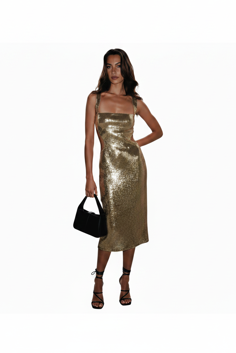 🍒Square neck maxi dress long women sleeveless backless outfit  sequin smart casual women ladies Party wear occasion clothing Show Off Shiny