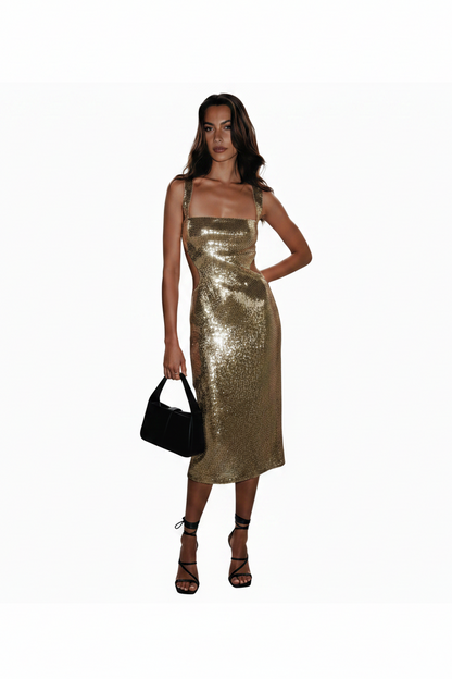 🍒Square neck maxi dress long women sleeveless backless outfit  sequin smart casual women ladies Party wear occasion clothing Show Off Shiny