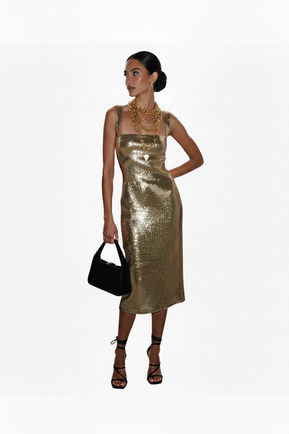 🍒Square neck maxi dress long women sleeveless backless outfit  sequin smart casual women ladies Party wear occasion clothing Show Off Shiny