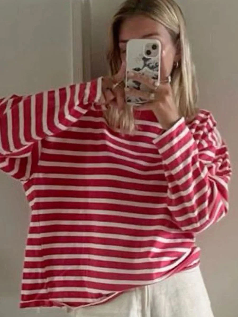 🍒Striped tops for women Y2k fashion long sleeve tops red and pink t-shirt vintage tee all season clothes casual Get Tipsey In Red Stripes