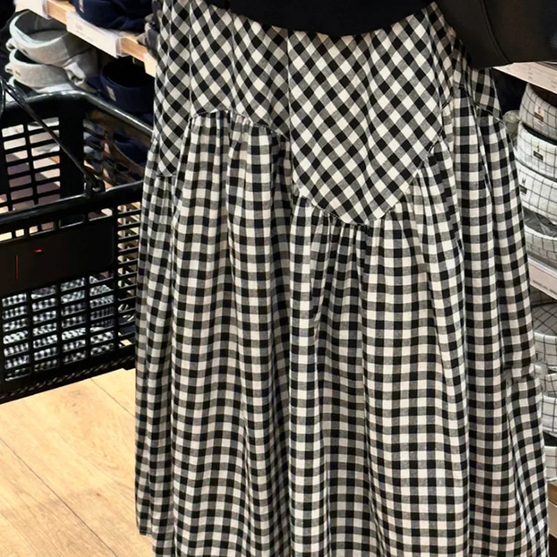 🍒Checkered a-line skirt high waisted tiered maxi skirt outfit all match loose pleated midaxi outfits for women fashion wear female casual wears  Chic Check