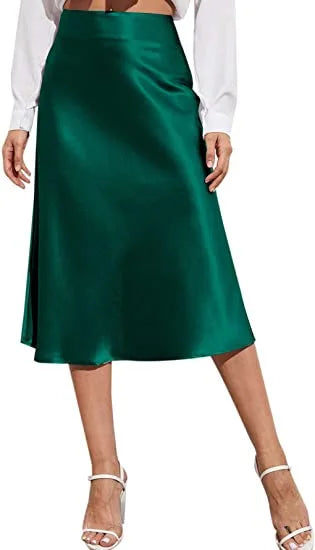 🍒Satin high waist midi skirt solid color a line skirt silky elegant fashion party wear smart casual clothing for women Shine In Satin