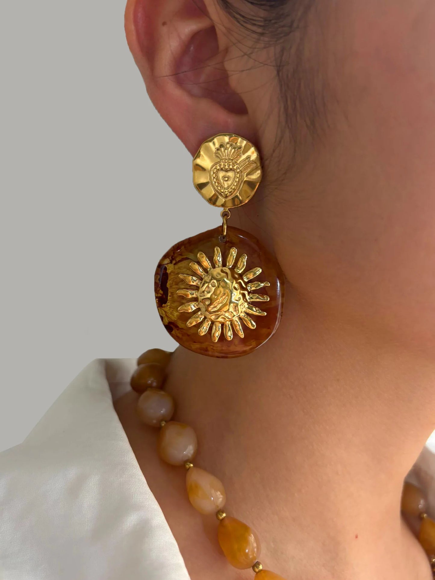 🍒 Vintage amber resin golden sun drop earrings for Women trendy stainless steel party earings daily jewellery Waterproof DROP in And STEEL The Attention