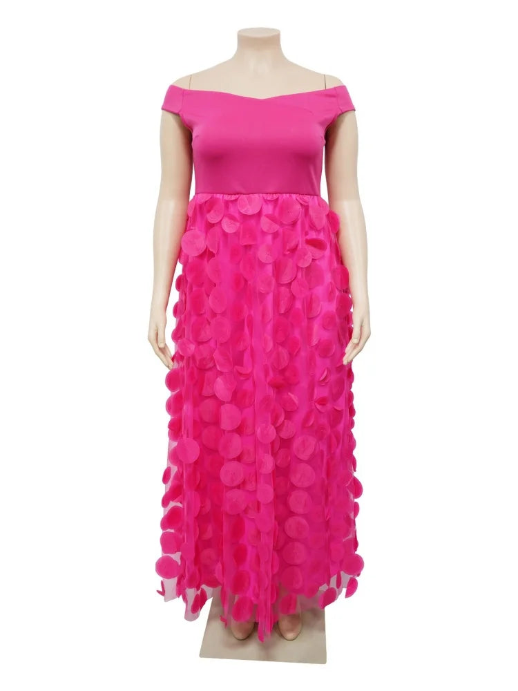🍒Plus size evening dress pink off shoulder special occasion clothing for women mesh fashion high waisted birthday outfit evening party wear for ladies summer party clothing Pink Up Your Think Petal