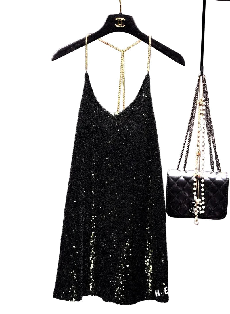 🍒Party dress with metal straps for womens sequin outfit with hanging neck back chain Long Render In backless sleeveless dress nightclub party occasion wear You Will Be Melted When You Get This Molton